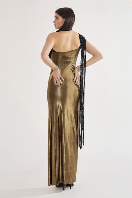 Shop Cham Cham Gold Polyester Sequins, Applique One Shoulder Gown at Aza Fashions Shop_Cham Cham_Gold Polyester Sequins, Applique One Shoulder Gown_at_Aza_Fashions