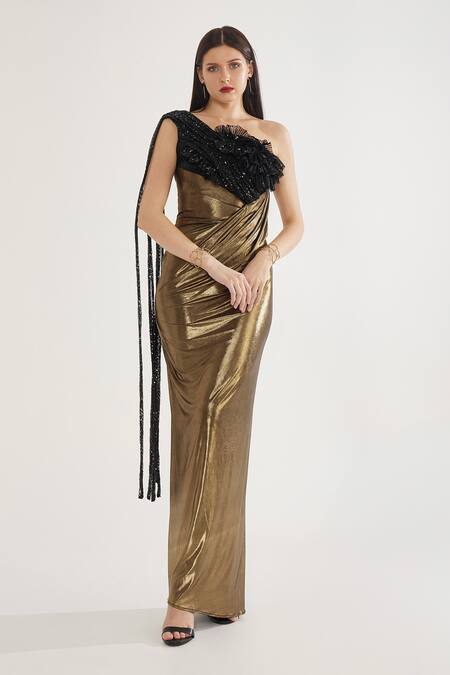 Cham Cham Gold Polyester Sequins, Applique One Shoulder Gown Online at Aza Fashions Cham Cham_Gold Polyester Sequins, Applique One Shoulder Gown_Online_at_Aza_Fashions