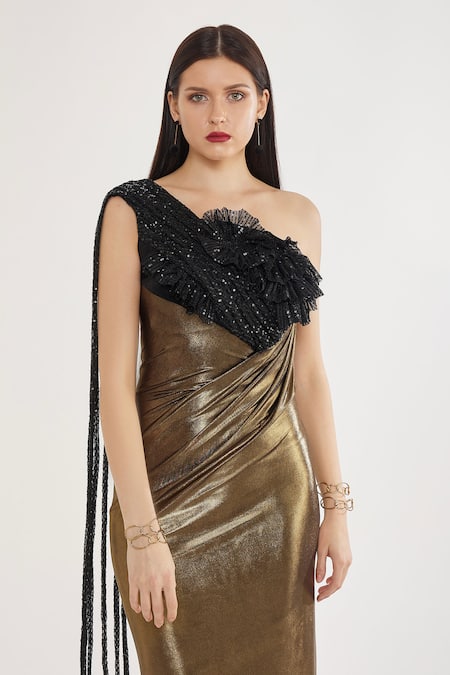 Buy Cham Cham Gold Polyester Sequins, Applique One Shoulder Gown Online at Aza Fashions Buy_Cham Cham_Gold Polyester Sequins, Applique One Shoulder Gown_Online_at_Aza_Fashions