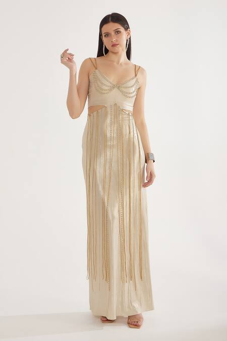 Buy_Cham Cham_Gold Stretch Knit Foil Embellishment Chain V Neck Cutout Gown _Online_at_Aza_Fashions