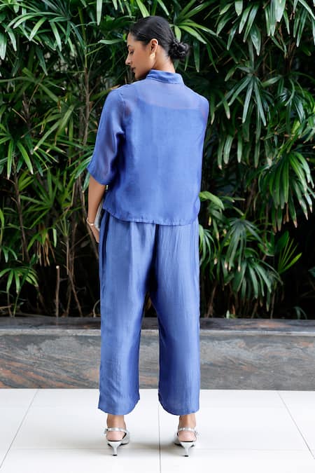 Shop Eeda Blue Viscose, Silk Patchwork Shawl Neck Center Shirt And Pant Co-ord Set at Aza Fashions Shop_Eeda_Blue Viscose, Silk Patchwork Shawl Neck Center Shirt And Pant Co-ord Set _at_Aza_Fashions