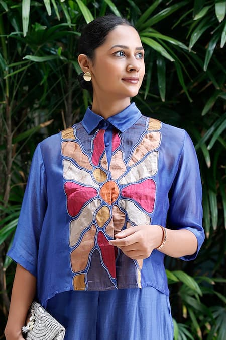 Eeda Blue Viscose, Silk Patchwork Shawl Neck Center Shirt And Pant Co-ord Set Online at Aza Fashions Eeda_Blue Viscose, Silk Patchwork Shawl Neck Center Shirt And Pant Co-ord Set _Online_at_Aza_Fashions