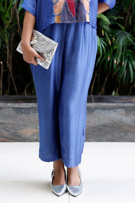 Buy Eeda Blue Viscose, Silk Patchwork Shawl Neck Center Shirt And Pant Co-ord Set Online at Aza Fashions Buy_Eeda_Blue Viscose, Silk Patchwork Shawl Neck Center Shirt And Pant Co-ord Set _Online_at_Aza_Fashions