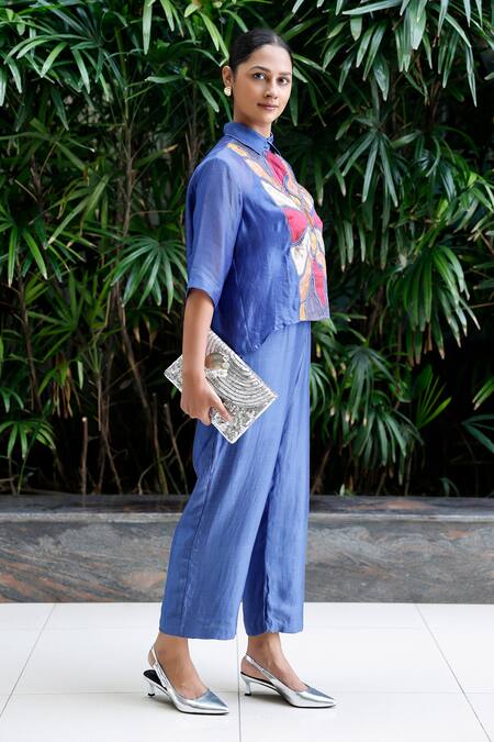 Buy Eeda Blue Viscose, Silk Patchwork Shawl Neck Center Shirt And Pant Co-ord Set Buy_Eeda_Blue Viscose, Silk Patchwork Shawl Neck Center Shirt And Pant Co-ord Set