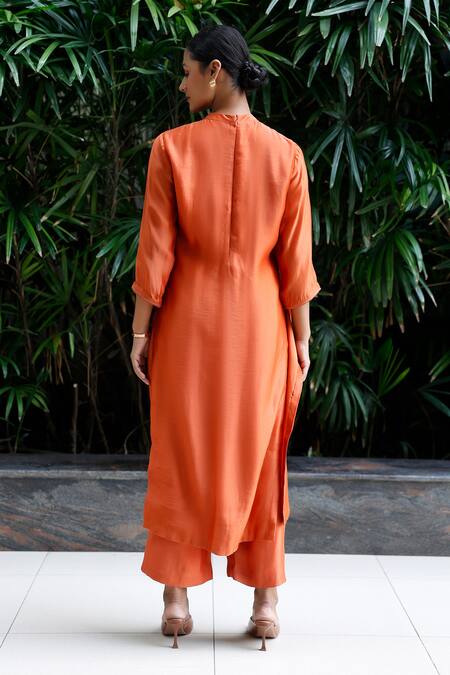 Shop_Eeda_Orange Viscose Patchwork Collared Kurta Set With Pant _at_Aza_Fashions