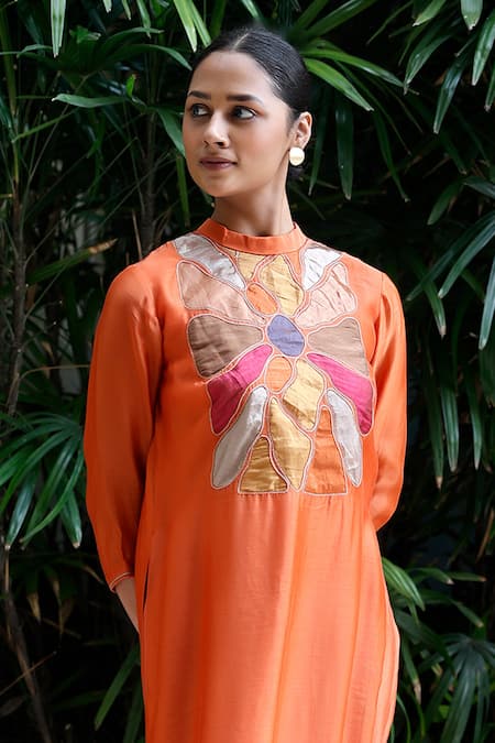 Eeda_Orange Viscose Patchwork Collared Kurta Set With Pant _Online_at_Aza_Fashions