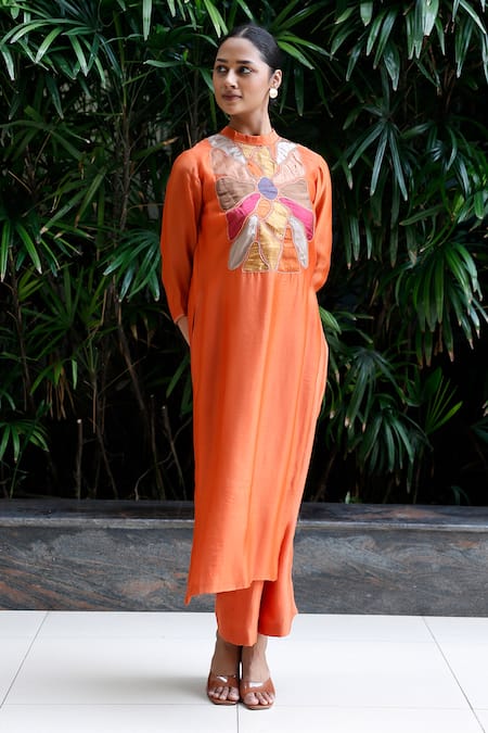Buy_Eeda_Orange Viscose Patchwork Collared Kurta Set With Pant _Online_at_Aza_Fashions