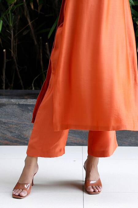 Shop_Eeda_Orange Viscose Patchwork Collared Kurta Set With Pant _Online_at_Aza_Fashions