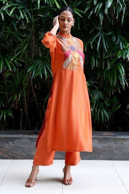Eeda_Orange Viscose Patchwork Collared Kurta Set With Pant _at_Aza_Fashions