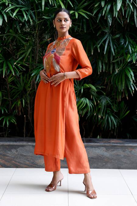Buy_Eeda_Orange Viscose Patchwork Collared Kurta Set With Pant 