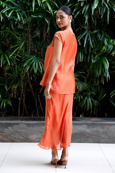 Shop_Eeda_Orange Viscose Silk Patchwork Top Round Floral And Skirt Set _at_Aza_Fashions
