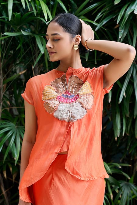 Eeda_Orange Viscose Silk Patchwork Top Round Floral And Skirt Set _Online_at_Aza_Fashions