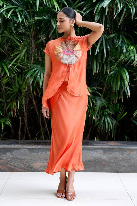 Buy_Eeda_Orange Viscose Silk Patchwork Top Round Floral And Skirt Set _Online_at_Aza_Fashions