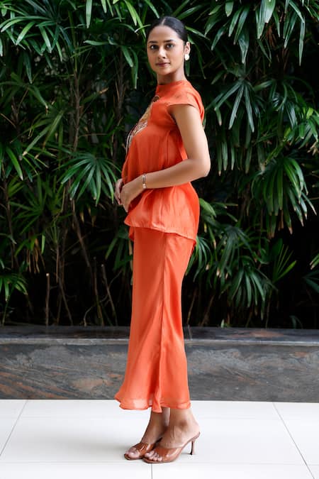 Shop_Eeda_Orange Viscose Silk Patchwork Top Round Floral And Skirt Set _Online_at_Aza_Fashions