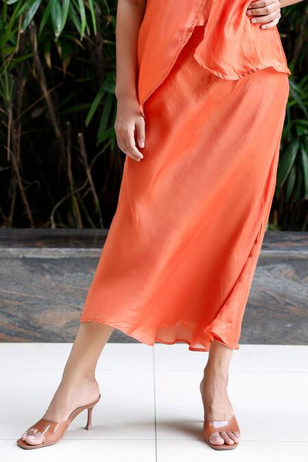 Eeda_Orange Viscose Silk Patchwork Top Round Floral And Skirt Set _at_Aza_Fashions