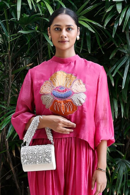 Eeda Pink Viscose Silk Patchwork Band Collar Floral Top And Flared Pant Set Online at Aza Fashions Eeda_Pink Viscose Silk Patchwork Band Collar Floral Top And Flared Pant Set _Online_at_Aza_Fashions