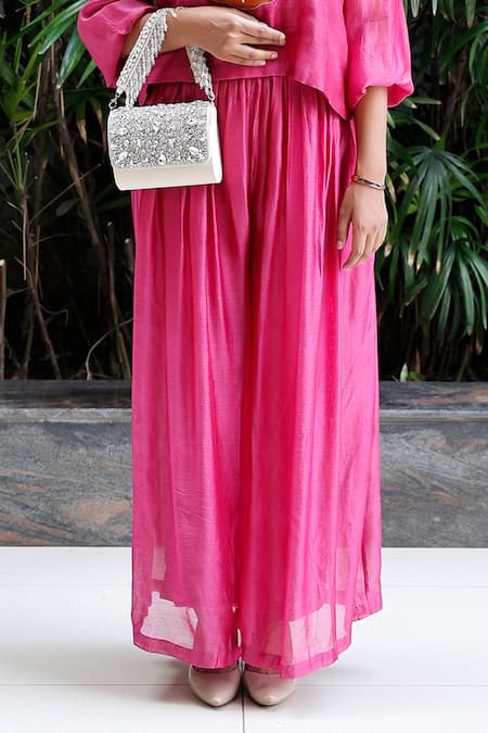 Buy Eeda Pink Viscose Silk Patchwork Band Collar Floral Top And Flared Pant Set Online at Aza Fashions Buy_Eeda_Pink Viscose Silk Patchwork Band Collar Floral Top And Flared Pant Set _Online_at_Aza_Fashions