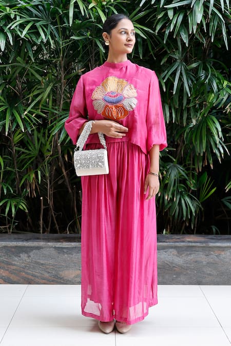Shop Eeda Pink Viscose Silk Patchwork Band Collar Floral Top And Flared Pant Set Online at Aza Fashions Shop_Eeda_Pink Viscose Silk Patchwork Band Collar Floral Top And Flared Pant Set _Online_at_Aza_Fashions