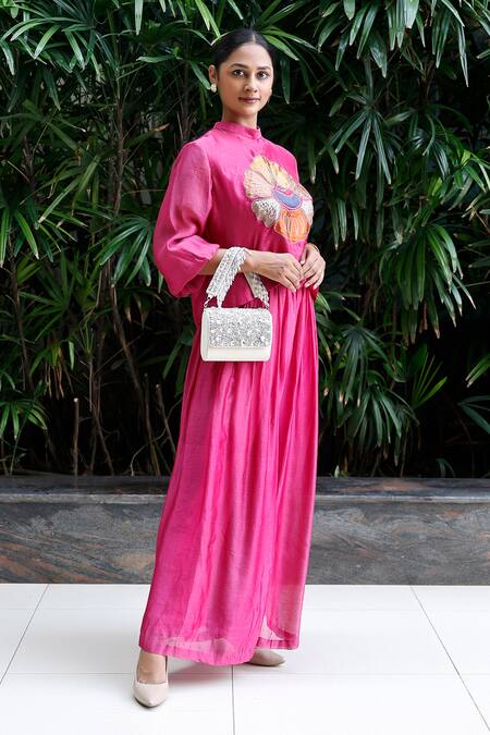 Buy Eeda Pink Viscose Silk Patchwork Band Collar Floral Top And Flared Pant Set Buy_Eeda_Pink Viscose Silk Patchwork Band Collar Floral Top And Flared Pant Set