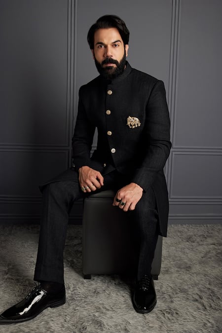 Kora By Nilesh Mitesh Black Matka Solid Sherwani With Trouser 