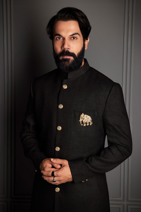 Shop Kora By Nilesh Mitesh Black Matka Solid Sherwani With Trouser at Aza Fashions Shop_Kora By Nilesh Mitesh_Black Matka Solid Sherwani With Trouser_at_Aza_Fashions