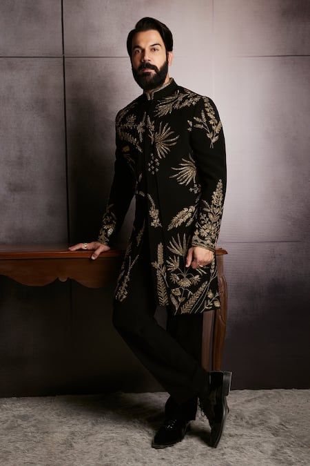 Shop Kora By Nilesh Mitesh Black Brocade Cut Work, Sequins Fern Embroidered Bandhgala And Trouser at Aza Fashions Shop_Kora By Nilesh Mitesh_Black Brocade Cut Work, Sequins Fern Embroidered Bandhgala And Trouser_at_Aza_Fashions