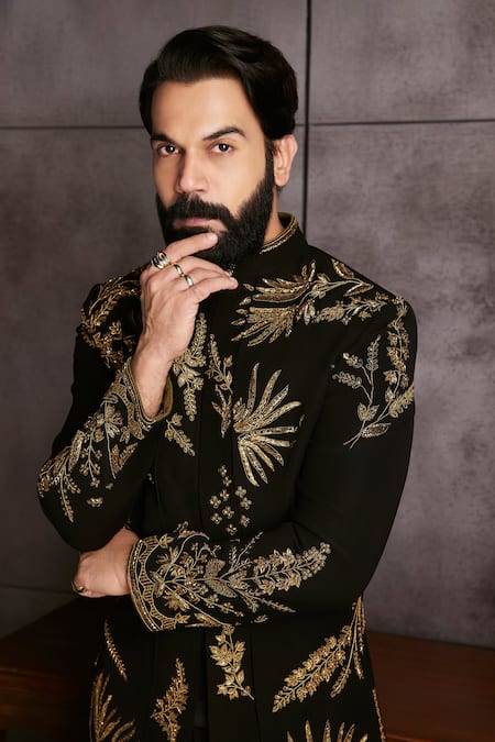 Kora By Nilesh Mitesh Black Brocade Cut Work, Sequins Fern Embroidered Bandhgala And Trouser Online at Aza Fashions Kora By Nilesh Mitesh_Black Brocade Cut Work, Sequins Fern Embroidered Bandhgala And Trouser_Online_at_Aza_Fashions