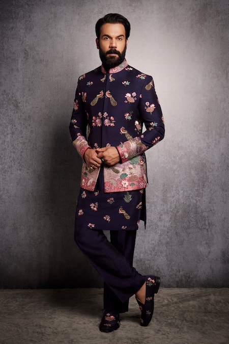 Kora By Nilesh Mitesh Blue Prabal Embroidery Mughal Motif Jodhpuri Bandhgala With Pant 