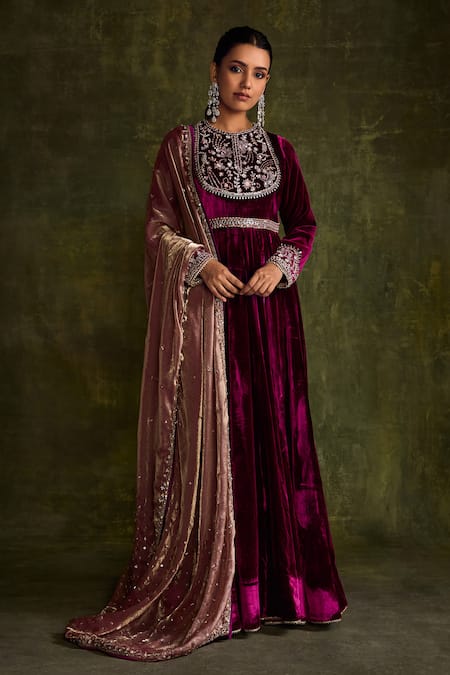 Label Sanya Gulati_Purple Silk, Satin Cut Work, Sequins, Floral Cutdana Anarkali Set With Dupatta _Online_at_Aza_Fashions