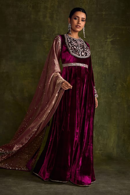 Buy_Label Sanya Gulati_Purple Silk, Satin Cut Work, Sequins, Floral Cutdana Anarkali Set With Dupatta _Online_at_Aza_Fashions
