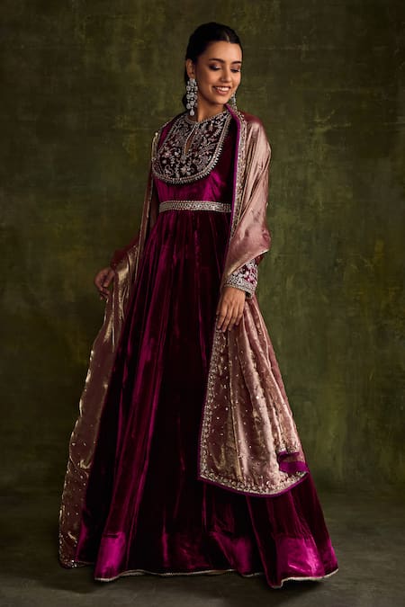 Shop_Label Sanya Gulati_Purple Silk, Satin Cut Work, Sequins, Floral Cutdana Anarkali Set With Dupatta _Online_at_Aza_Fashions