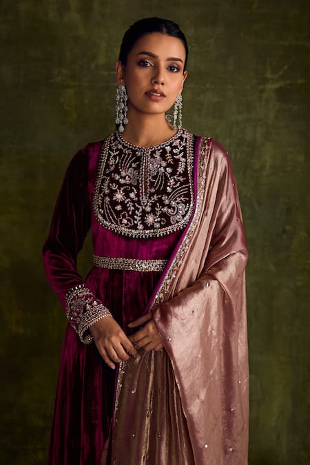 Label Sanya Gulati_Purple Silk, Satin Cut Work, Sequins, Floral Cutdana Anarkali Set With Dupatta _at_Aza_Fashions