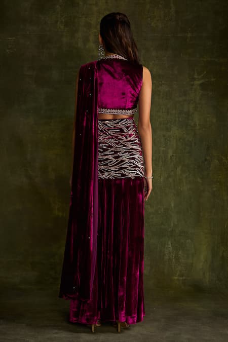 Label Sanya Gulati_Purple Silk, Velvet Sequins, Beads, Cut Work, High Slit Pre-draped Saree Set _Online_at_Aza_Fashions