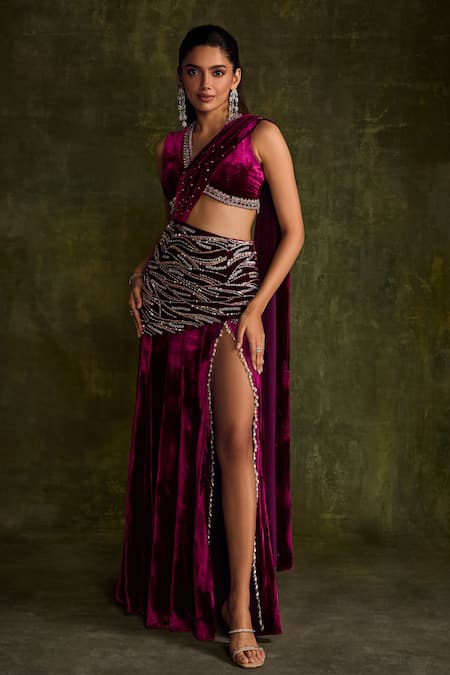 Buy_Label Sanya Gulati_Purple Silk, Velvet Sequins, Beads, Cut Work, High Slit Pre-draped Saree Set _Online_at_Aza_Fashions