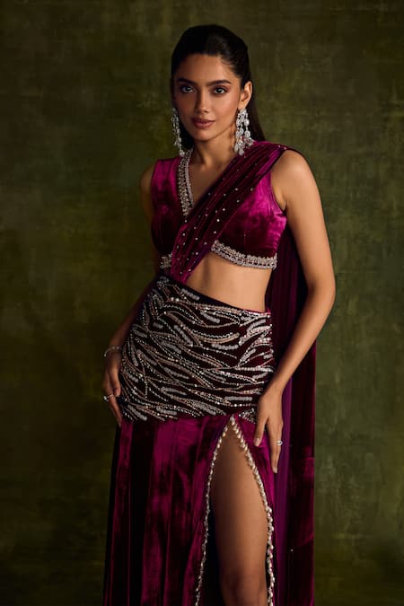 Shop_Label Sanya Gulati_Purple Silk, Velvet Sequins, Beads, Cut Work, High Slit Pre-draped Saree Set _Online_at_Aza_Fashions