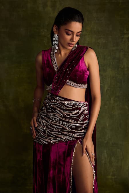 Label Sanya Gulati_Purple Silk, Velvet Sequins, Beads, Cut Work, High Slit Pre-draped Saree Set _at_Aza_Fashions