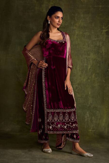 Label Sanya Gulati_Purple Silk, Velvet Sequins, Beads, Embroidery Round Floral Cutdana Kurta Set _Online_at_Aza_Fashions