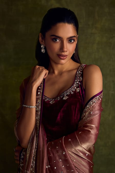 Shop_Label Sanya Gulati_Purple Silk, Velvet Sequins, Beads, Embroidery Round Floral Cutdana Kurta Set _Online_at_Aza_Fashions