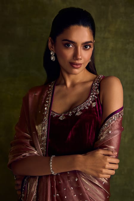 Label Sanya Gulati_Purple Silk, Velvet Sequins, Beads, Embroidery Round Floral Cutdana Kurta Set _at_Aza_Fashions