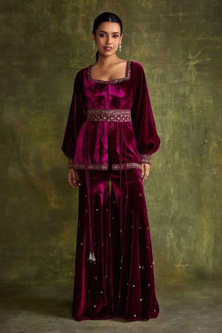 Label Sanya Gulati_Purple Silk, Velvet Beads, Sequins, Cut Work Hand Embroidered Peplum Kurta Set _Online_at_Aza_Fashions