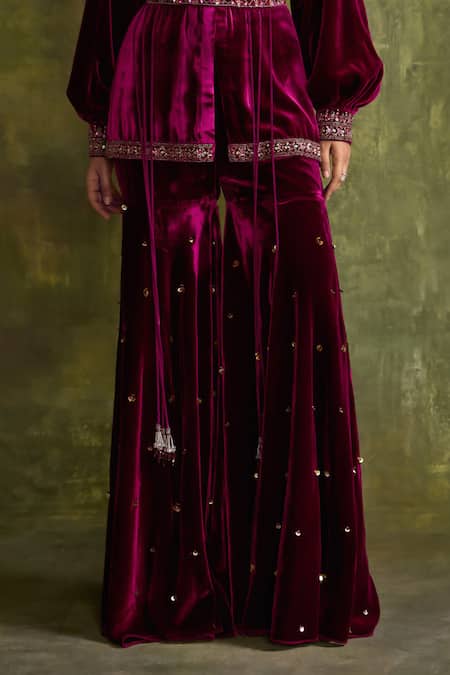Buy_Label Sanya Gulati_Purple Silk, Velvet Beads, Sequins, Cut Work Hand Embroidered Peplum Kurta Set _Online_at_Aza_Fashions
