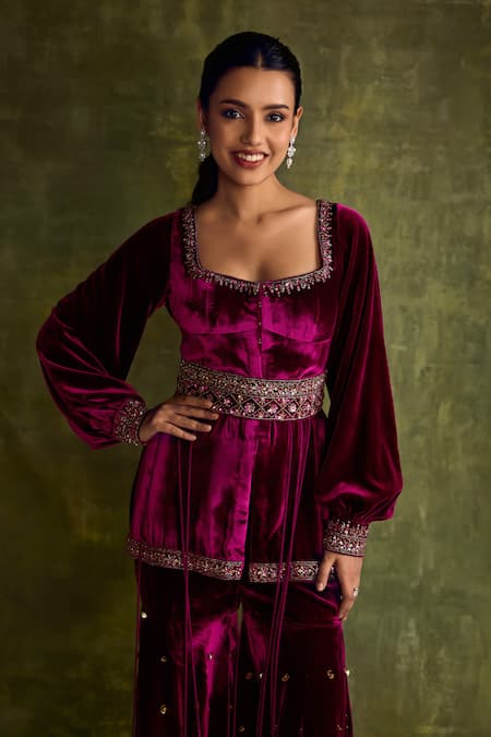 Shop_Label Sanya Gulati_Purple Silk, Velvet Beads, Sequins, Cut Work Hand Embroidered Peplum Kurta Set _Online_at_Aza_Fashions