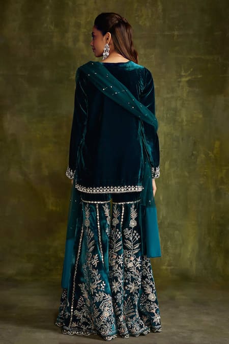 Label Sanya Gulati Turquoise Silk, Velvet Sequins, Mirrors, Floral Embroidered Kurta Sharara Set Online at Aza Fashions Label Sanya Gulati_Turquoise Silk, Velvet Sequins, Mirrors, Floral Embroidered Kurta Sharara Set _Online_at_Aza_Fashions