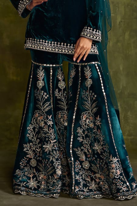 Buy Label Sanya Gulati Turquoise Silk, Velvet Sequins, Mirrors, Floral Embroidered Kurta Sharara Set Online at Aza Fashions Buy_Label Sanya Gulati_Turquoise Silk, Velvet Sequins, Mirrors, Floral Embroidered Kurta Sharara Set _Online_at_Aza_Fashions