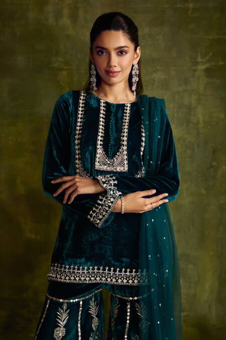 Shop Label Sanya Gulati Turquoise Silk, Velvet Sequins, Mirrors, Floral Embroidered Kurta Sharara Set Online at Aza Fashions Shop_Label Sanya Gulati_Turquoise Silk, Velvet Sequins, Mirrors, Floral Embroidered Kurta Sharara Set _Online_at_Aza_Fashions