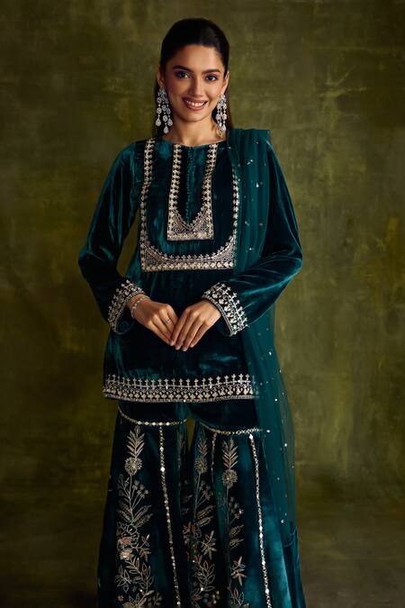Label Sanya Gulati Turquoise Silk, Velvet Sequins, Mirrors, Floral Embroidered Kurta Sharara Set at Aza Fashions Label Sanya Gulati_Turquoise Silk, Velvet Sequins, Mirrors, Floral Embroidered Kurta Sharara Set _at_Aza_Fashions