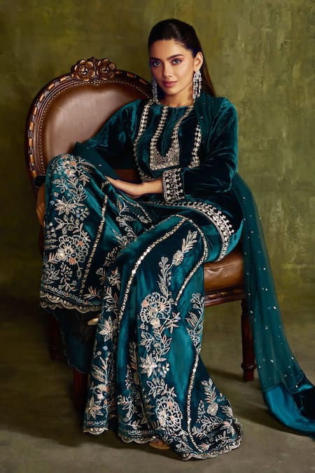 Buy Label Sanya Gulati Turquoise Silk, Velvet Sequins, Mirrors, Floral Embroidered Kurta Sharara Set Buy_Label Sanya Gulati_Turquoise Silk, Velvet Sequins, Mirrors, Floral Embroidered Kurta Sharara Set