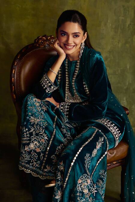 Shop Label Sanya Gulati Turquoise Silk, Velvet Sequins, Mirrors, Floral Embroidered Kurta Sharara Set Shop_Label Sanya Gulati_Turquoise Silk, Velvet Sequins, Mirrors, Floral Embroidered Kurta Sharara Set