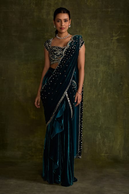 Buy_Label Sanya Gulati_Blue Silk, Velvet Mirrors, Zari, Sequins, Hand Pre-draped Saree And Blouse _Online_at_Aza_Fashions