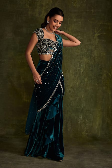 Shop_Label Sanya Gulati_Blue Silk, Velvet Mirrors, Zari, Sequins, Hand Pre-draped Saree And Blouse _Online_at_Aza_Fashions
